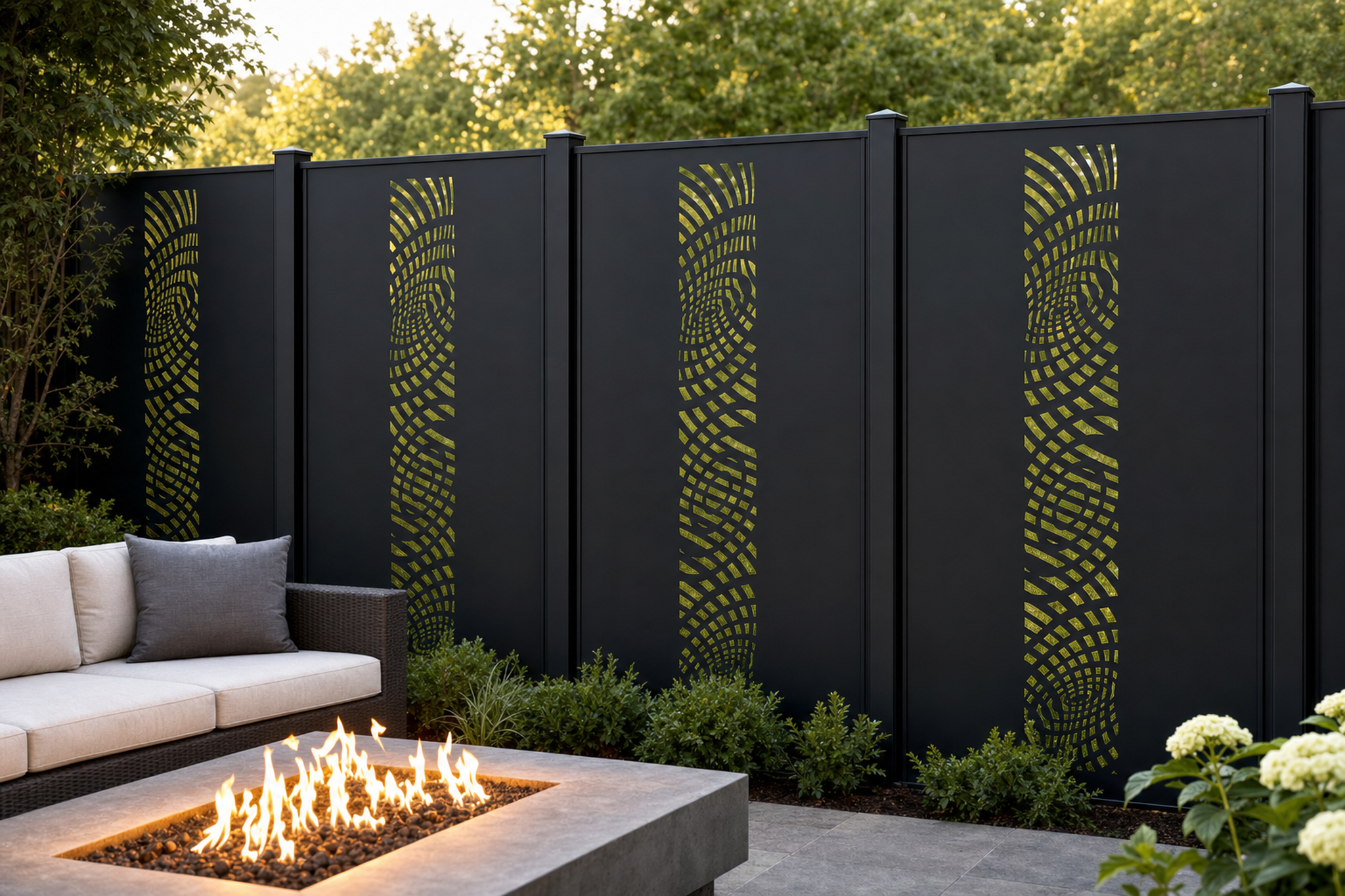 Design 137 Spiral Mesh Flow Laser Cut Metal Privacy Screen Panel installed garden daylight view