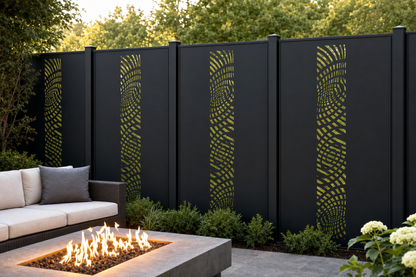 Design 137 Spiral Mesh Flow Laser Cut Metal Privacy Screen Panel installed garden daylight view