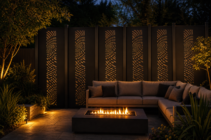 Design 137 Spiral Mesh Flow Laser Cut Metal Privacy Screen Panel installed garden night lighting view