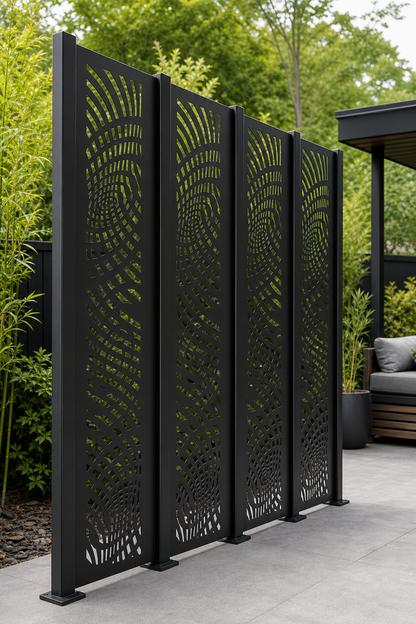 Design 137 Spiral Mesh Flow Laser Cut Metal Privacy Screen Panel oblique angle view
