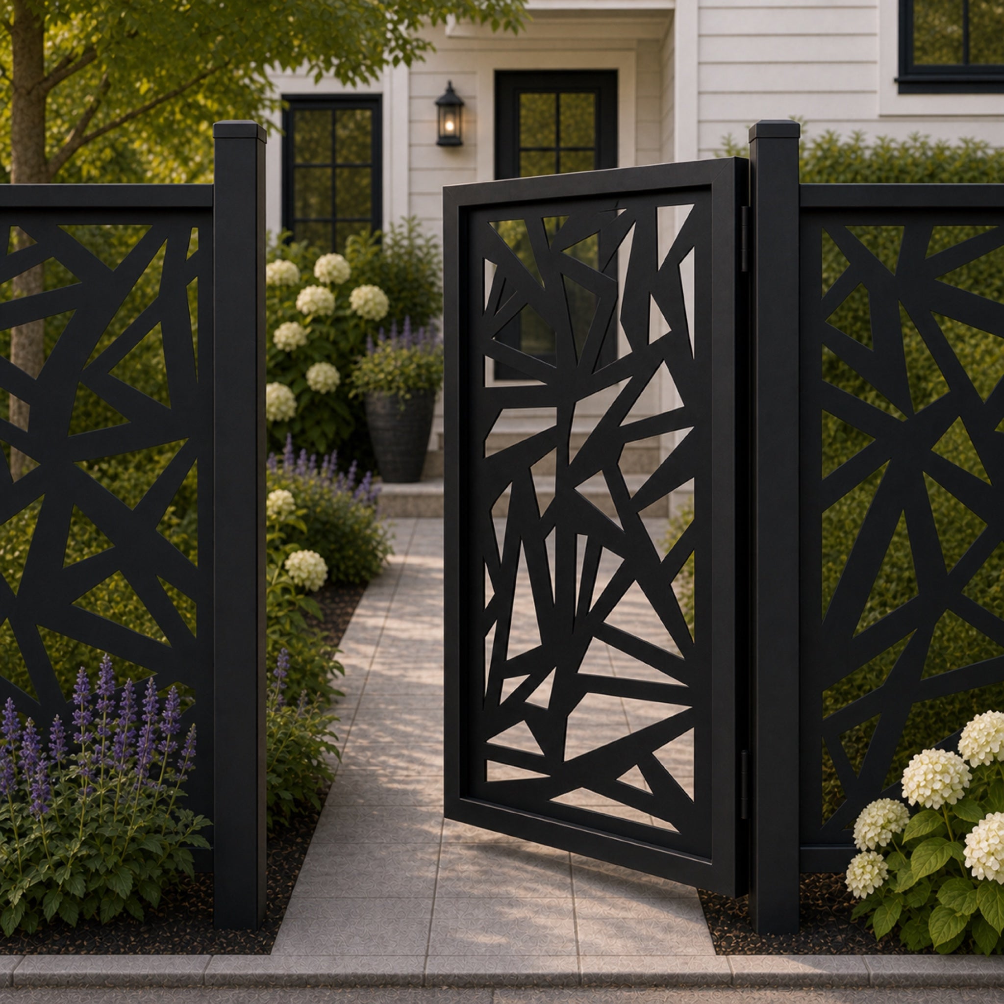 Design 138 abstract triangle fragment black aluminium side gate open view
