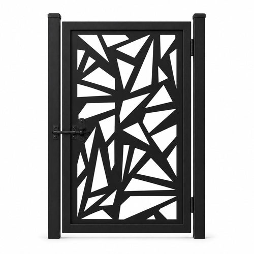 Design 138 abstract triangle fragment black laser cut metal pedestrian gate closed view