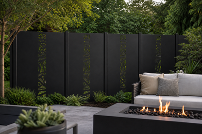 Design 138 Angular Shards Laser Cut Metal Privacy Screen Panel installed garden daylight view