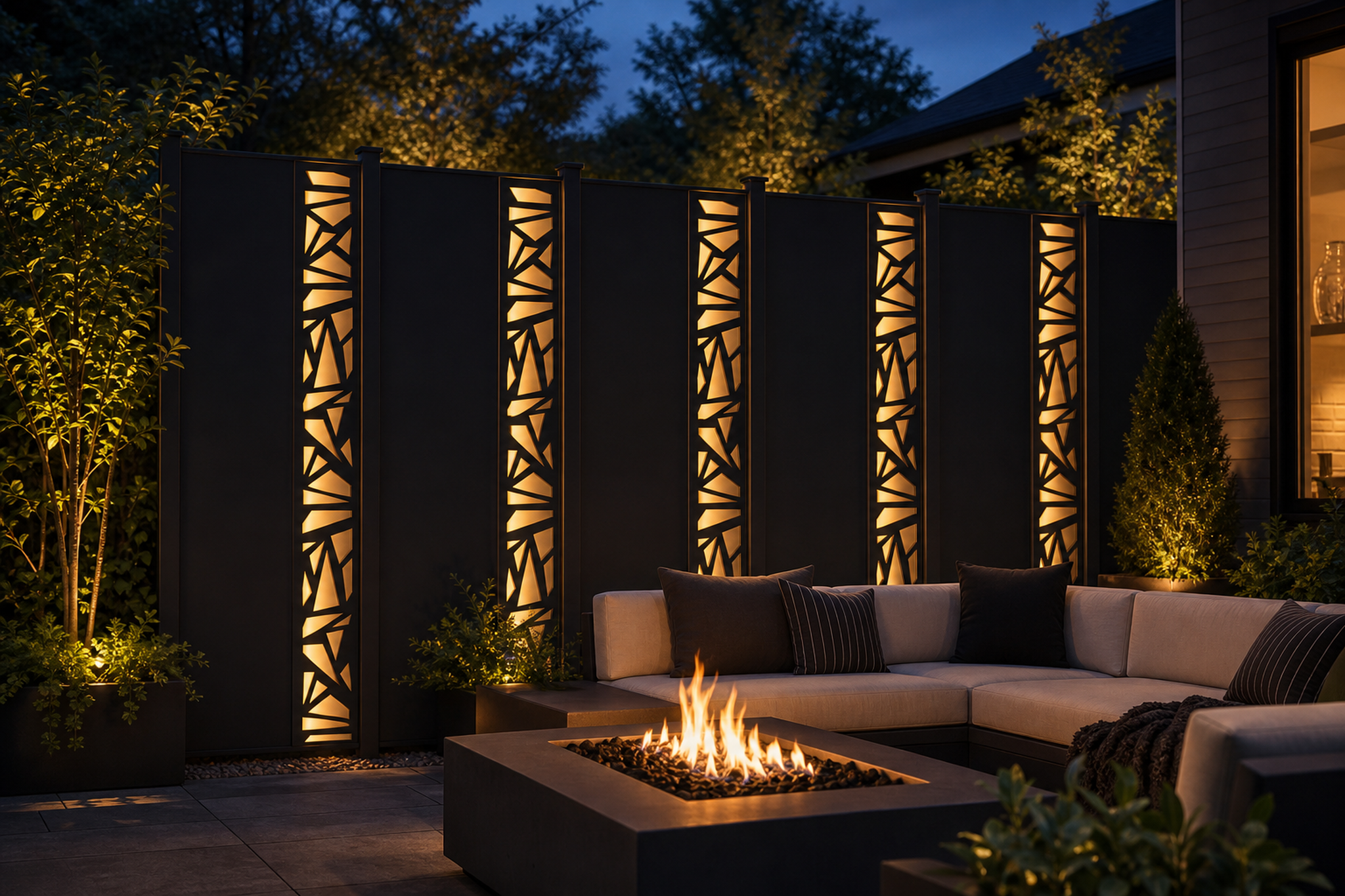 Design 138 Angular Shards Laser Cut Metal Privacy Screen Panel installed garden night lighting view