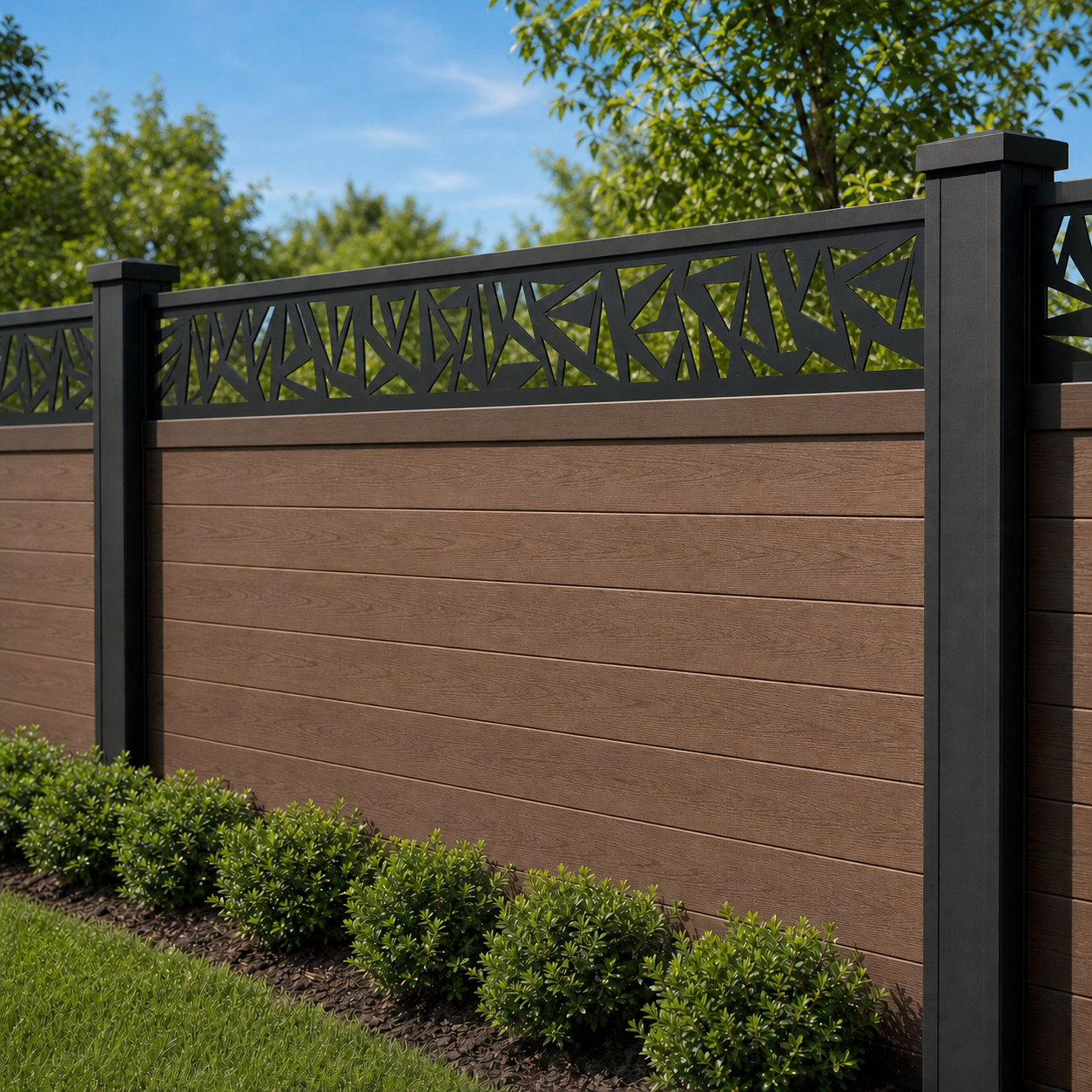 Open Branch Lattice laser cut fence extension panel installed on composite fence, angle view, Design 138