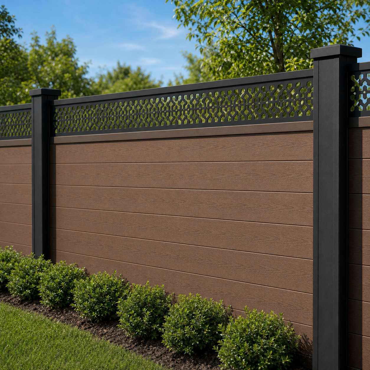 Dense Floral Screen laser cut fence extension panel installed on composite fence, angle view, Design 139