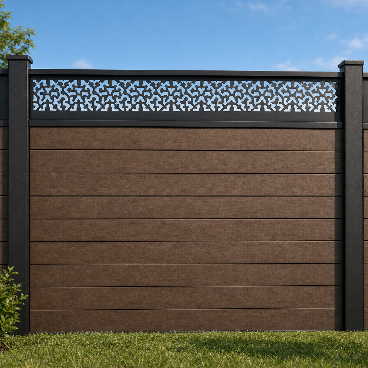 Dense Floral Screen metal fence topper installed above WPC composite privacy fence, front view, Design 139