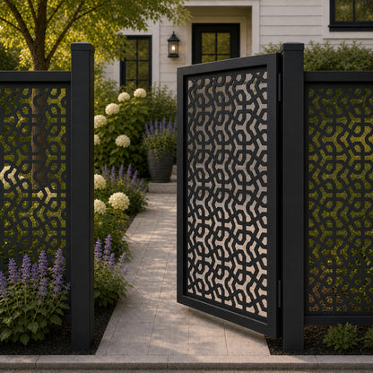 Design 139 interlocking geometric chain black aluminium side gate open view