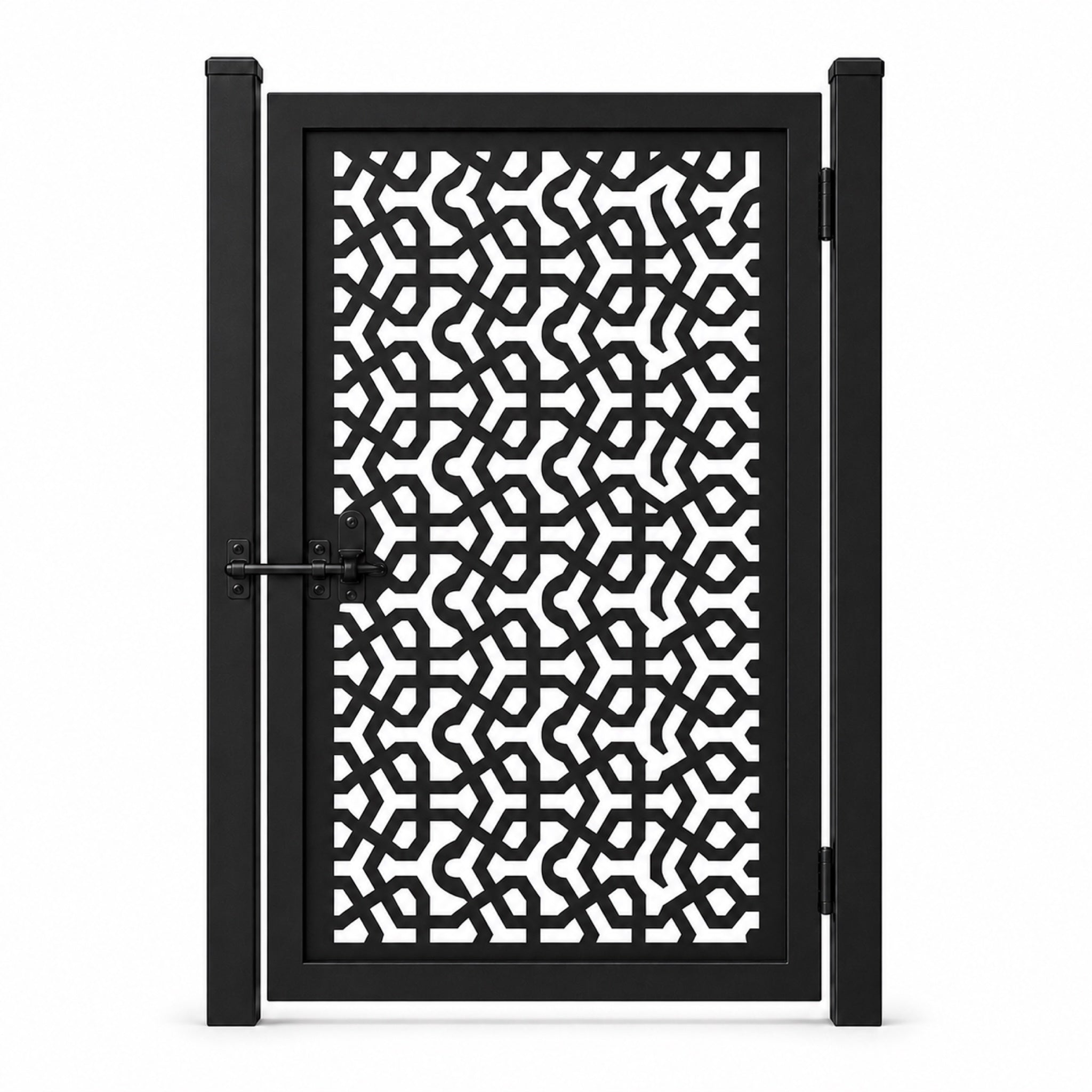 Design 139 interlocking geometric chain black laser cut metal pedestrian gate closed view