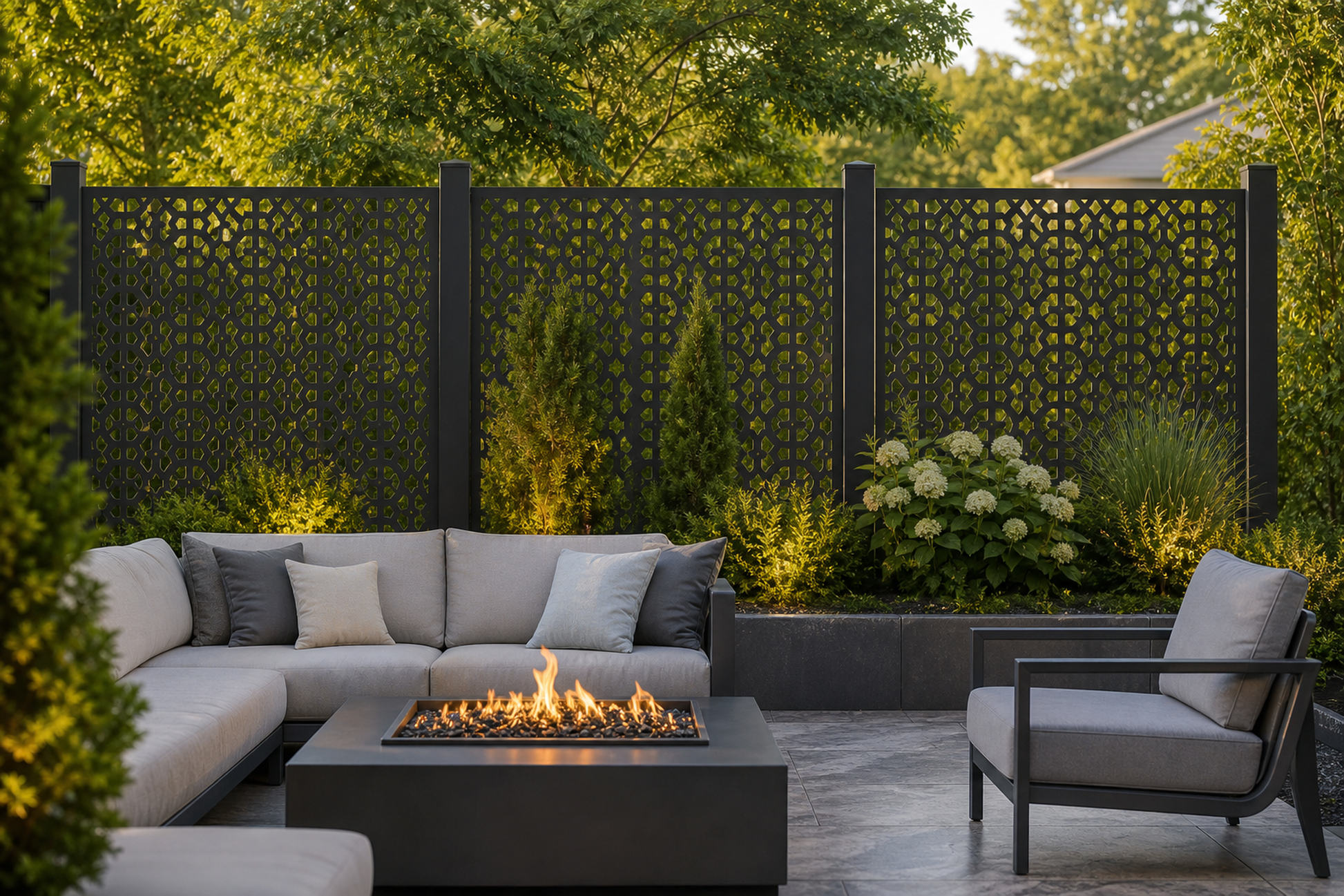 Design 139 Moroccan Lattice Laser Cut Metal Privacy Screen Panel installed garden daylight view