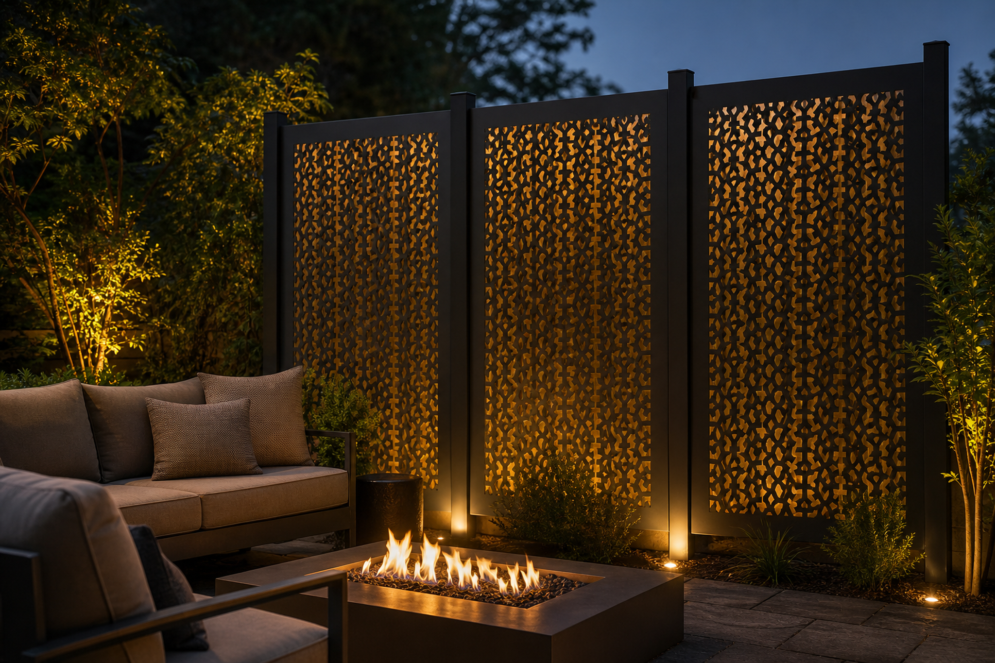 Design 139 Moroccan Lattice Laser Cut Metal Privacy Screen Panel installed garden night lighting view