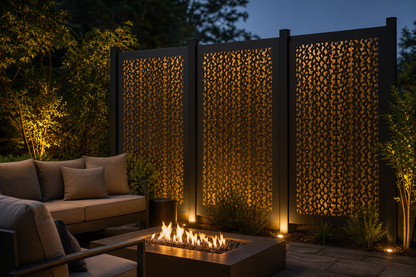 Design 139 Moroccan Lattice Laser Cut Metal Privacy Screen Panel installed garden night lighting view