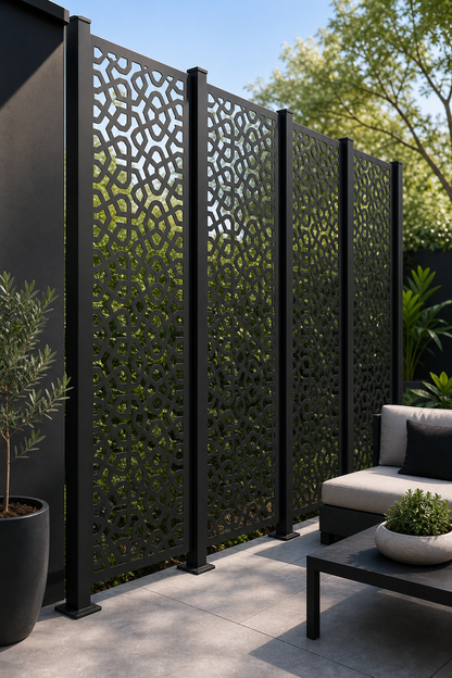 Design 139 Moroccan Lattice Laser Cut Metal Privacy Screen Panel oblique angle view