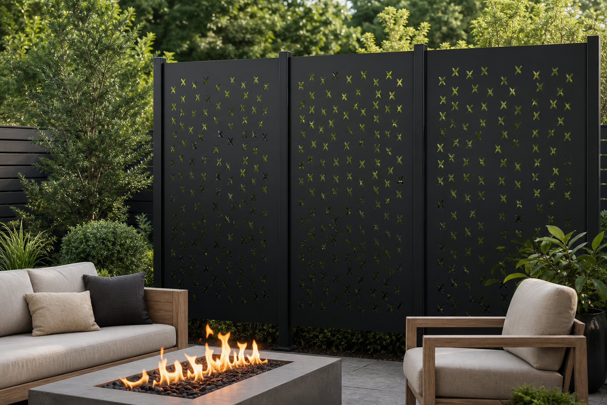 Design 140 Cross Stitch Grid Laser Cut Metal Privacy Screen Panel installed garden daylight view