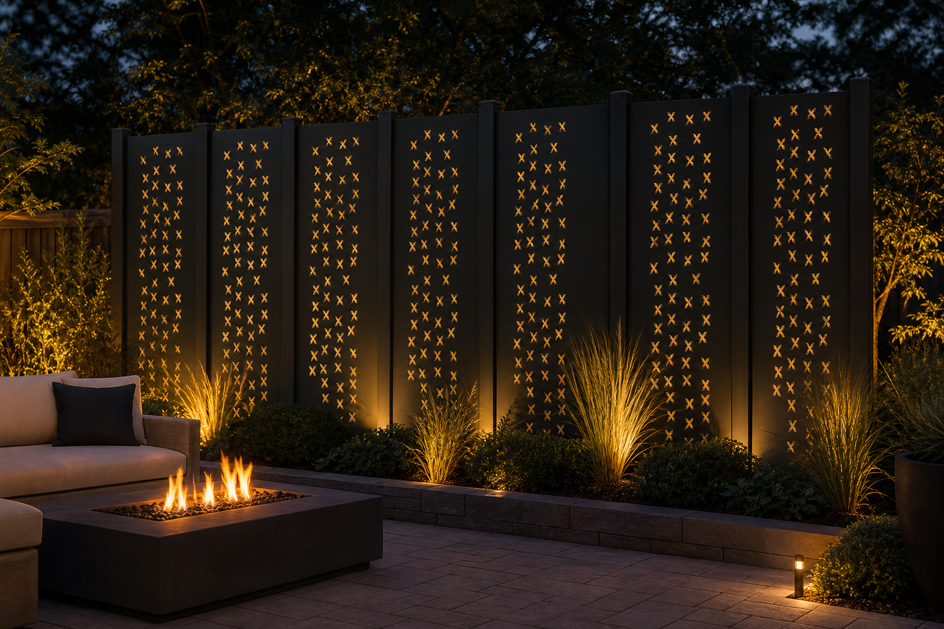 Design 140 Cross Stitch Grid Laser Cut Metal Privacy Screen Panel installed garden night lighting view