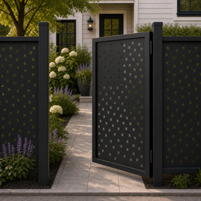 Design 140 small x scatter black aluminium side gate open view