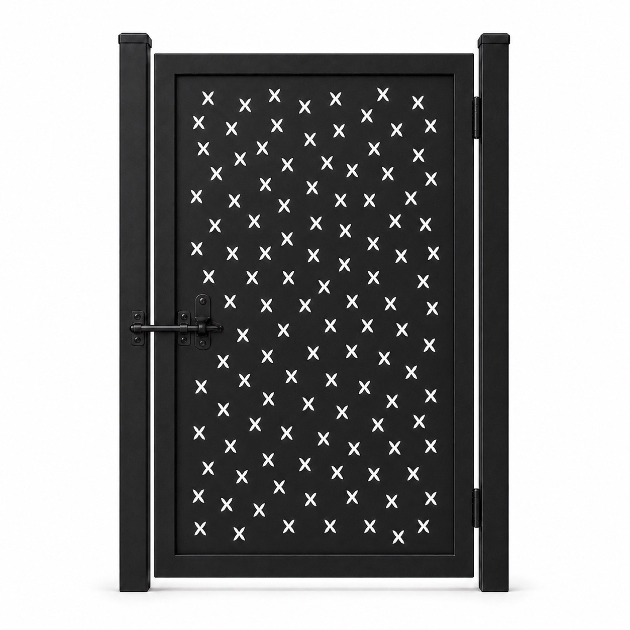 Design 140 small x scatter black laser cut metal pedestrian gate closed view