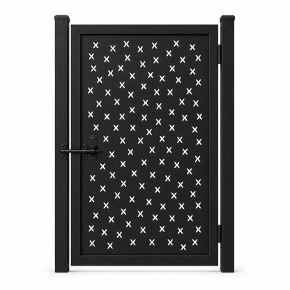 Design 140 small x scatter black laser cut metal pedestrian gate closed view