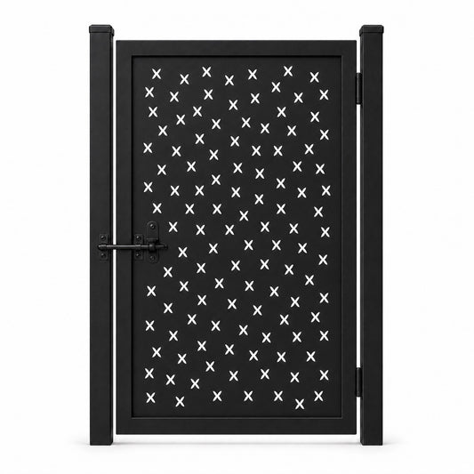 Design 140 small x scatter black laser cut metal pedestrian gate closed view