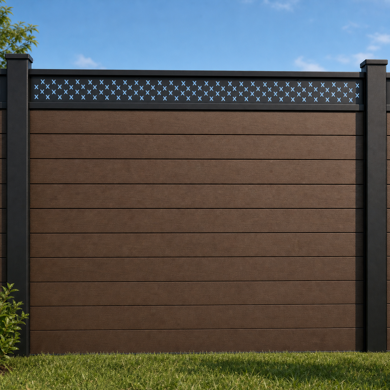 Star Pin Dot Rail metal fence topper installed above WPC composite privacy fence, front view, Design 140