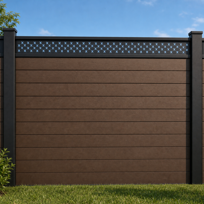 Star Pin Dot Rail metal fence topper installed above WPC composite privacy fence, front view, Design 140