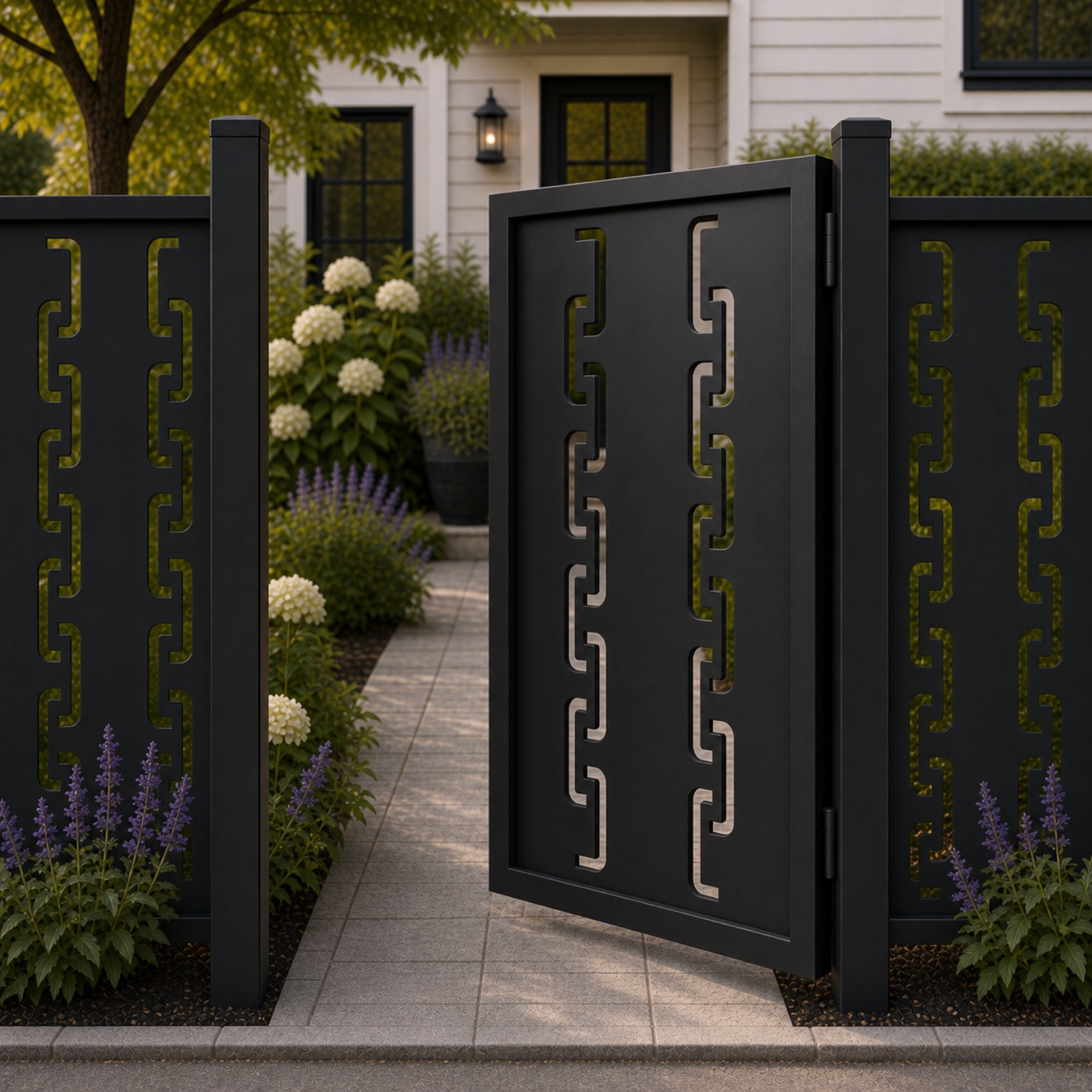 Design 141 double row rounded chain hook black aluminium side gate open view