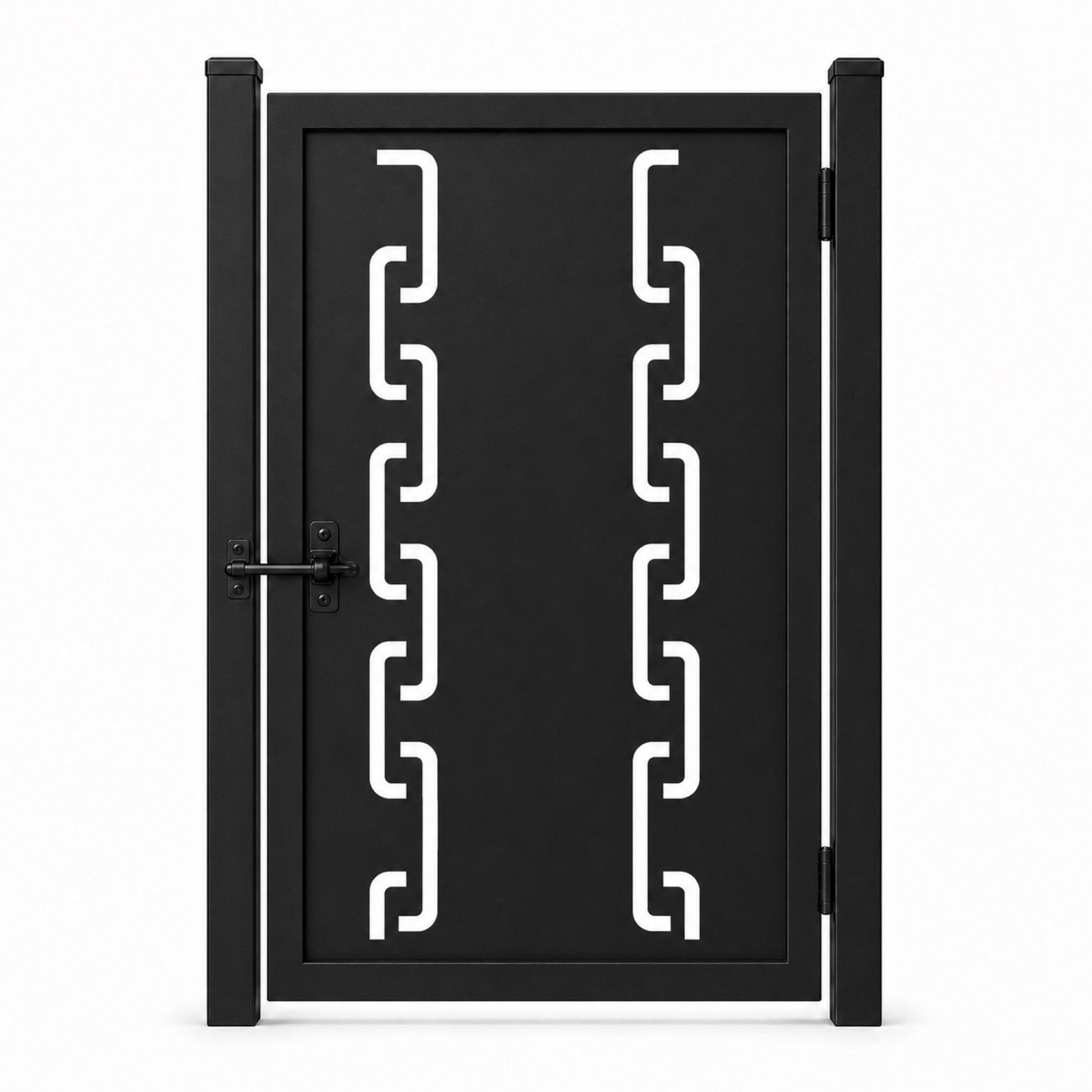 Design 141 double row rounded chain hook black laser cut metal pedestrian gate closed view