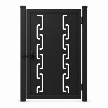 Design 141 double row rounded chain hook black laser cut metal pedestrian gate closed view
