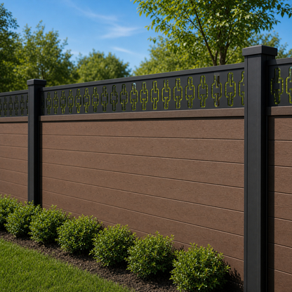Interlocking Chain Band laser cut fence extension panel installed on composite fence, angle view, Design 141