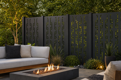 Design 141 Rounded Link Chain Laser Cut Metal Privacy Screen Panel installed garden daylight view