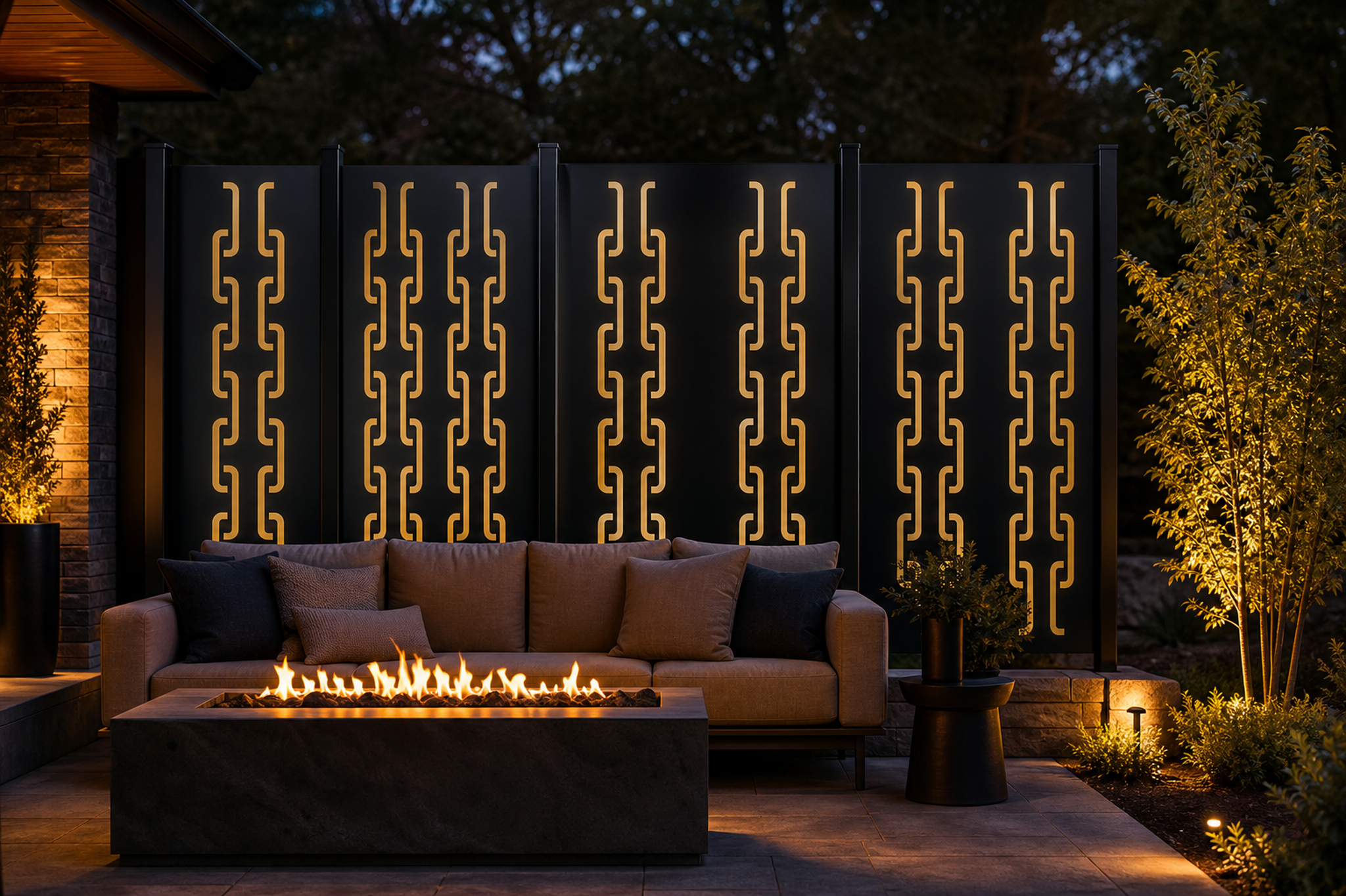 Design 141 Rounded Link Chain Laser Cut Metal Privacy Screen Panel installed garden night lighting view