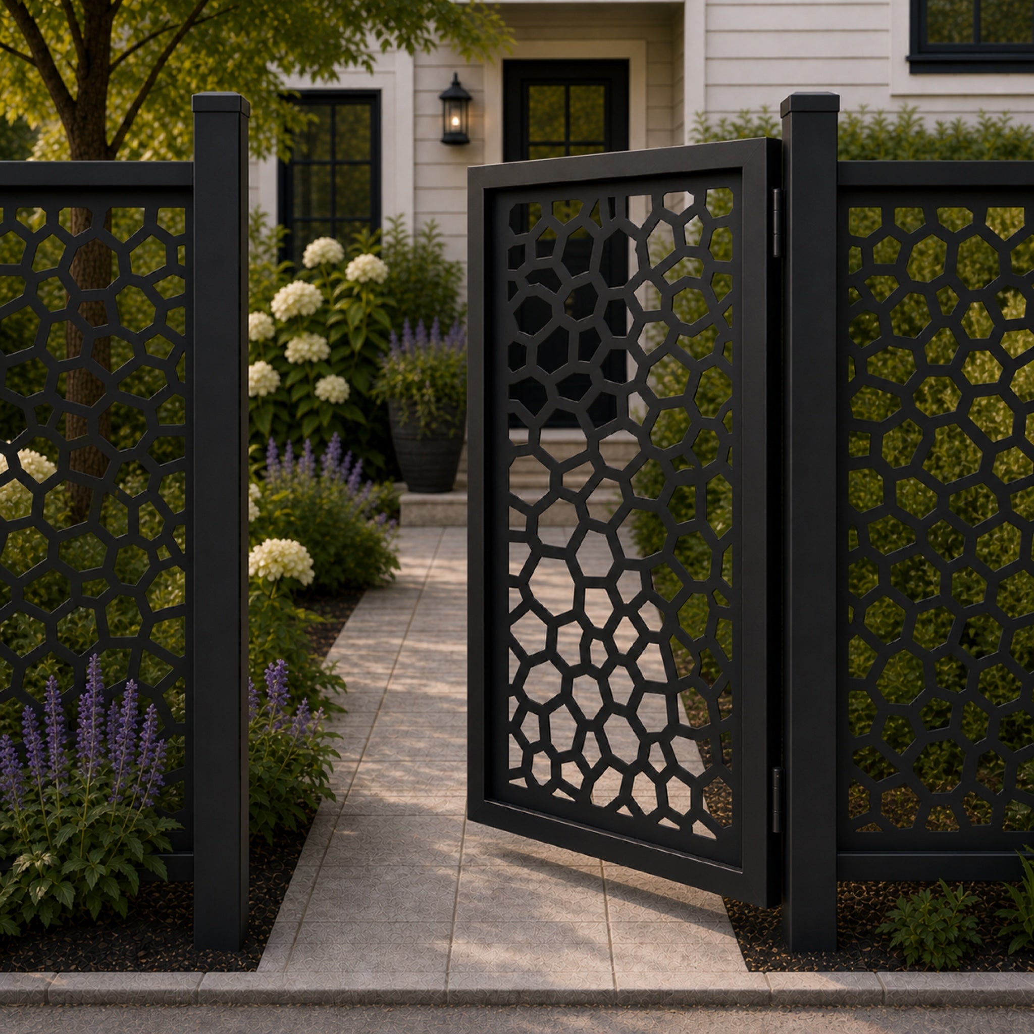 Design 142 pebble polygon black aluminium side gate open view