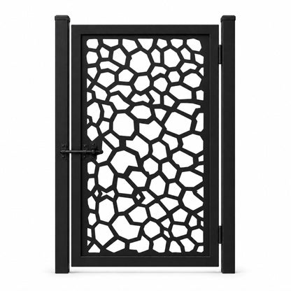 Design 142 pebble polygon black laser cut metal pedestrian gate closed view
