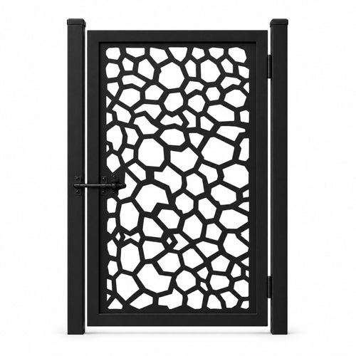 Design 142 pebble polygon black laser cut metal pedestrian gate closed view