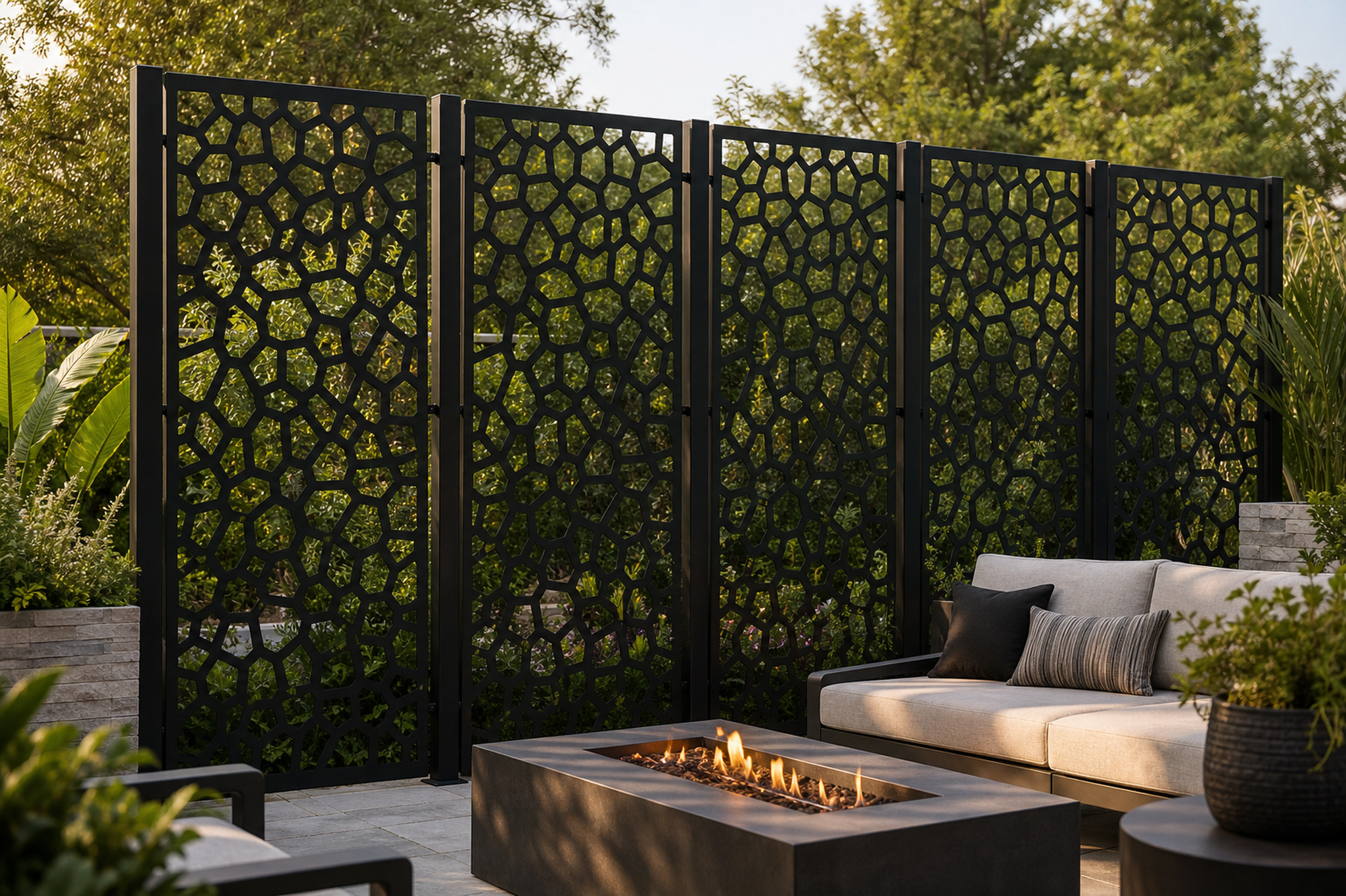 Design 142 Stone Mosaic Laser Cut Metal Privacy Screen Panel installed garden daylight view