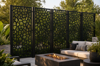 Design 142 Stone Mosaic Laser Cut Metal Privacy Screen Panel installed garden daylight view