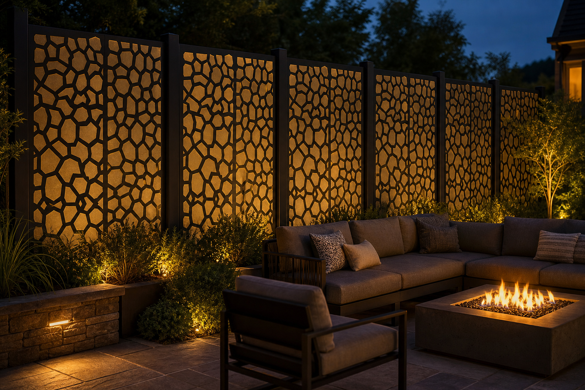 Design 142 Stone Mosaic Laser Cut Metal Privacy Screen Panel installed garden night lighting view