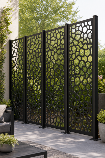 Design 142 Stone Mosaic Laser Cut Metal Privacy Screen Panel oblique angle view