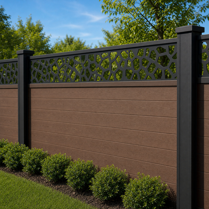 Stone Pebble Lattice laser cut fence extension panel installed on composite fence, angle view, Design 142