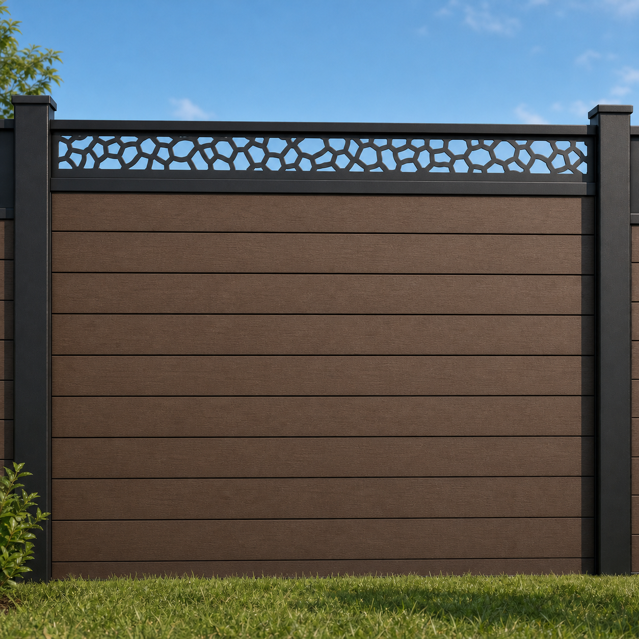 Stone Pebble Lattice metal fence topper installed above WPC composite privacy fence, front view, Design 142