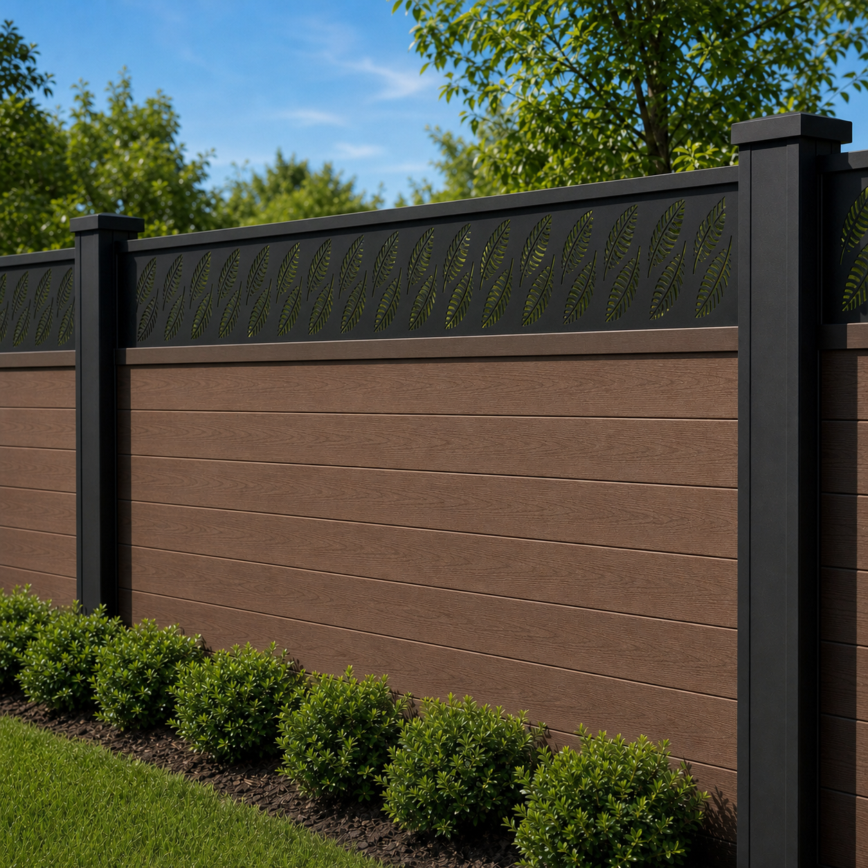 Dark Rope Twist Rail laser cut fence extension panel installed on composite fence, angle view, Design 143
