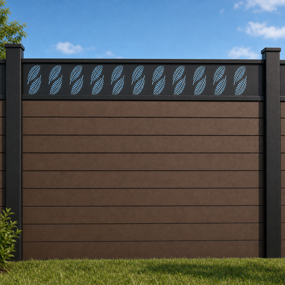 Dark Rope Twist Rail metal fence topper installed above WPC composite privacy fence, front view, Design 143