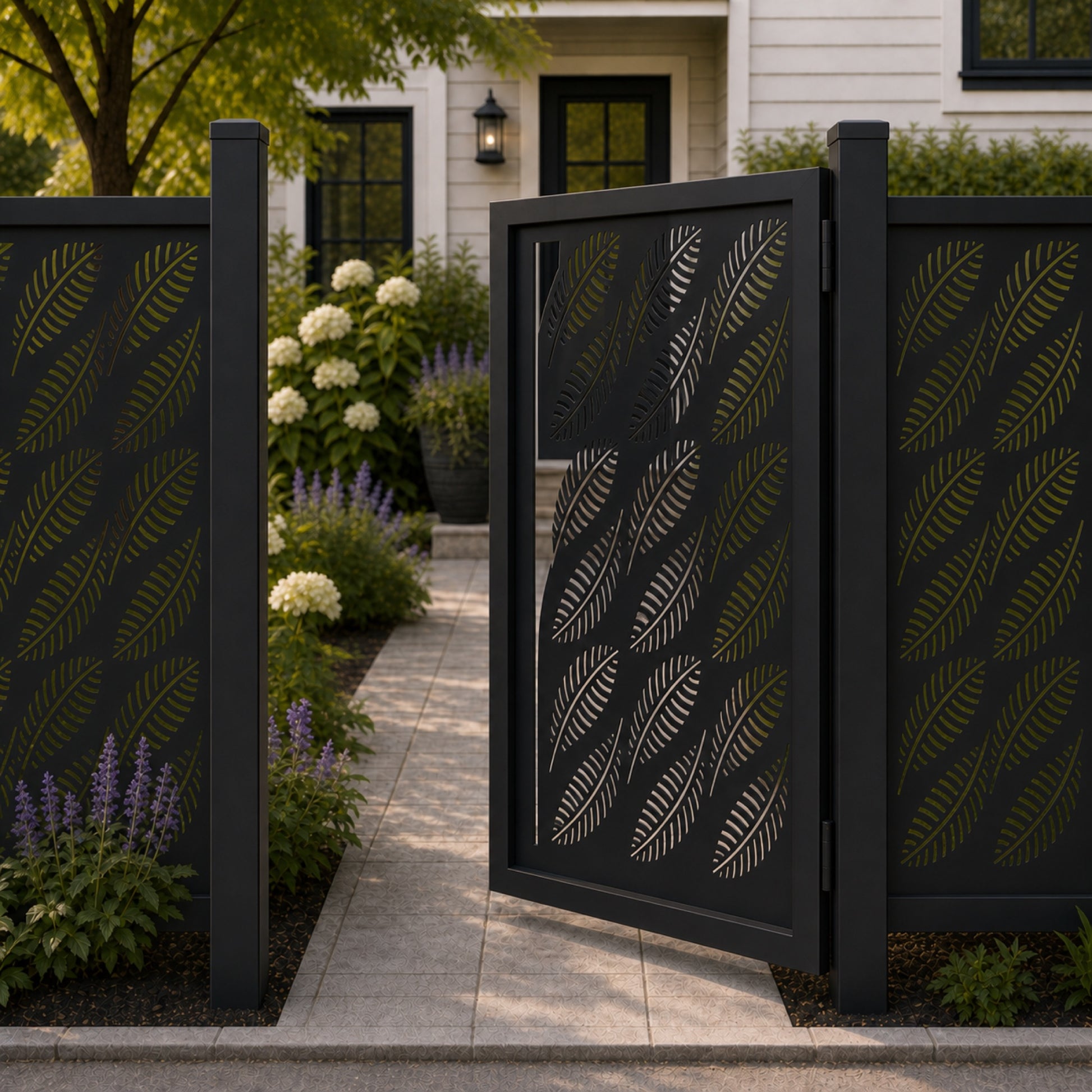 Design 143 diagonal feather leaf black aluminium side gate open view