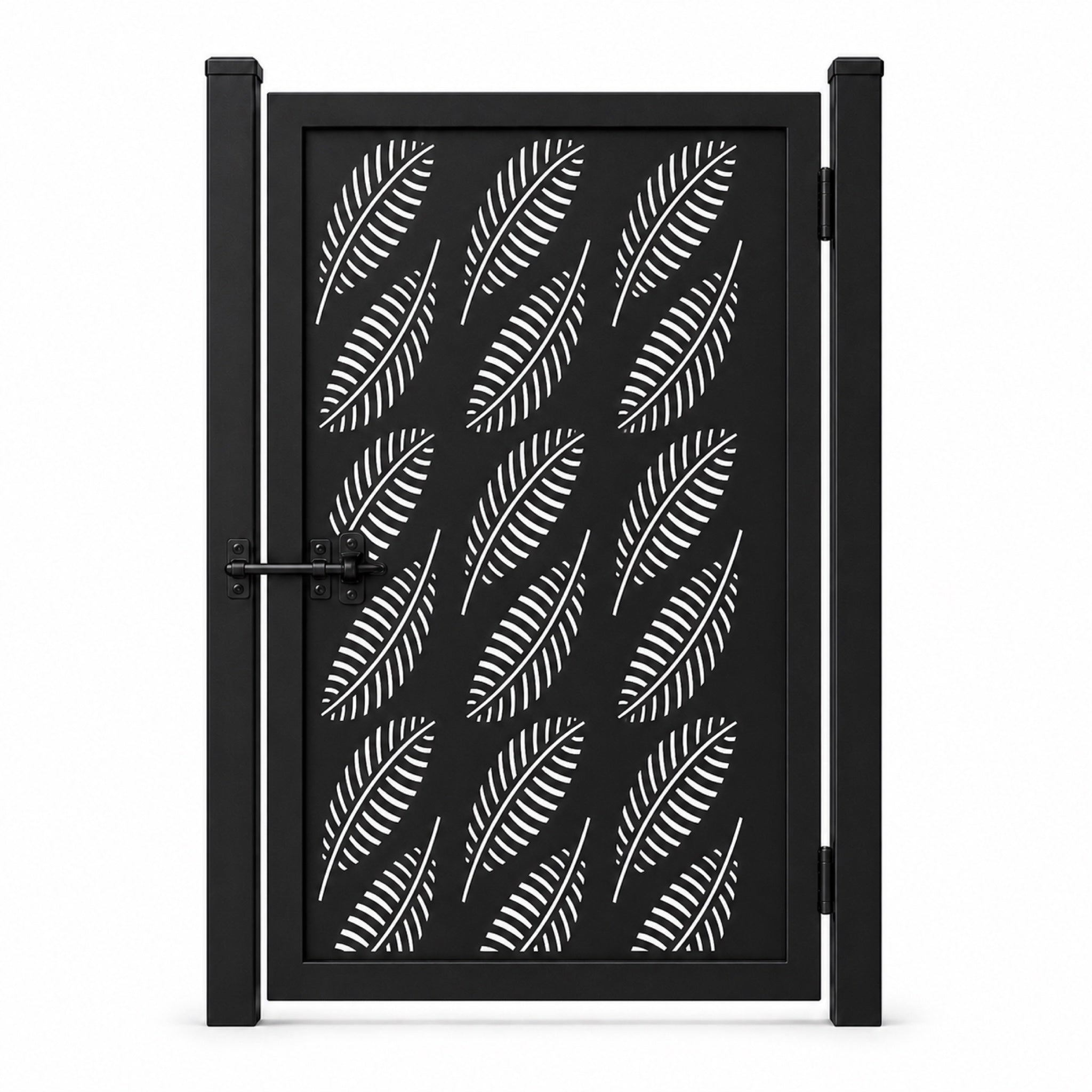 Design 143 diagonal feather leaf black laser cut metal pedestrian gate closed view