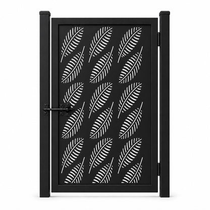 Design 143 diagonal feather leaf black laser cut metal pedestrian gate closed view