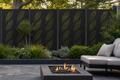 Design 143 Feather Stripes Laser Cut Metal Privacy Screen Panel installed garden daylight view