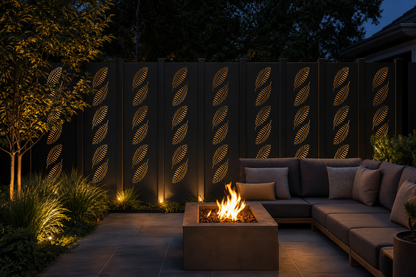Design 143 Feather Stripes Laser Cut Metal Privacy Screen Panel installed garden night lighting view