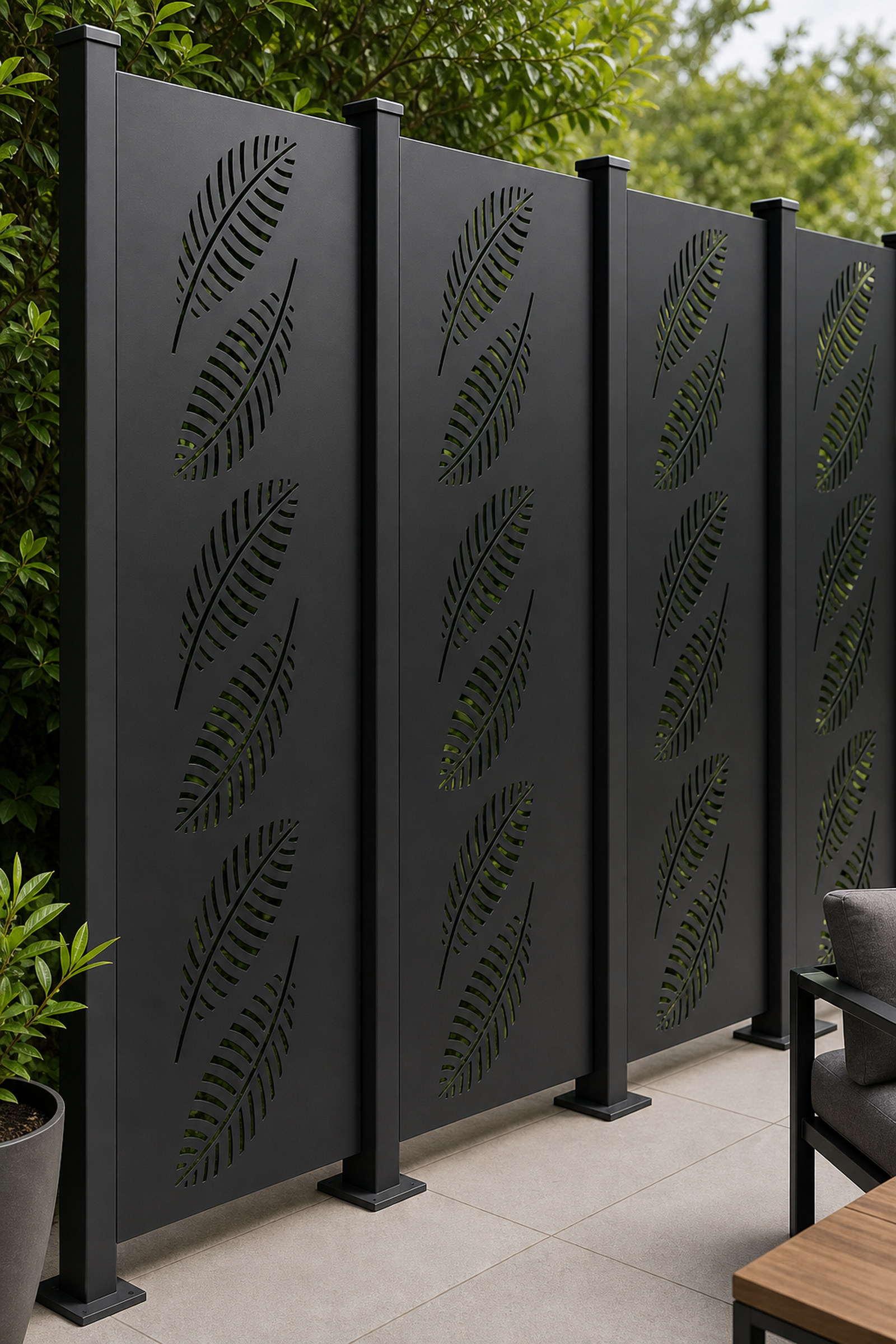 Design 143 Feather Stripes Laser Cut Metal Privacy Screen Panel oblique angle view