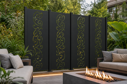 Design 144 Large Curling Vine Laser Cut Metal Privacy Screen Panel installed garden daylight view