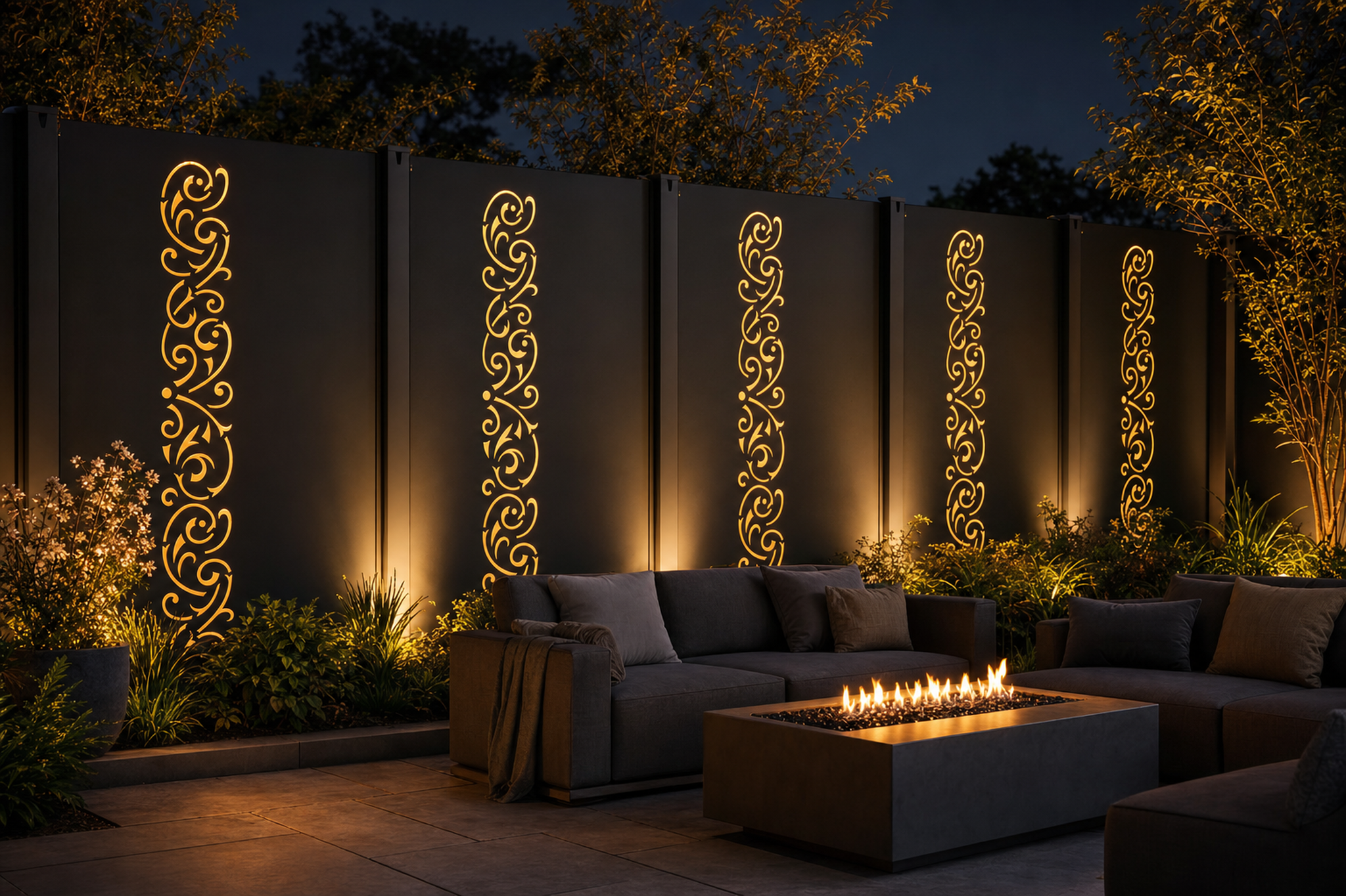 Design 144 Large Curling Vine Laser Cut Metal Privacy Screen Panel installed garden night lighting view